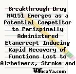 Breakthrough Drug MW151 Emerges as a Potential Competitor to Perispinally Administered Etanercept Inducing Rapid Recovery of Functions Lost to Alzheimers, Stroke and TBI